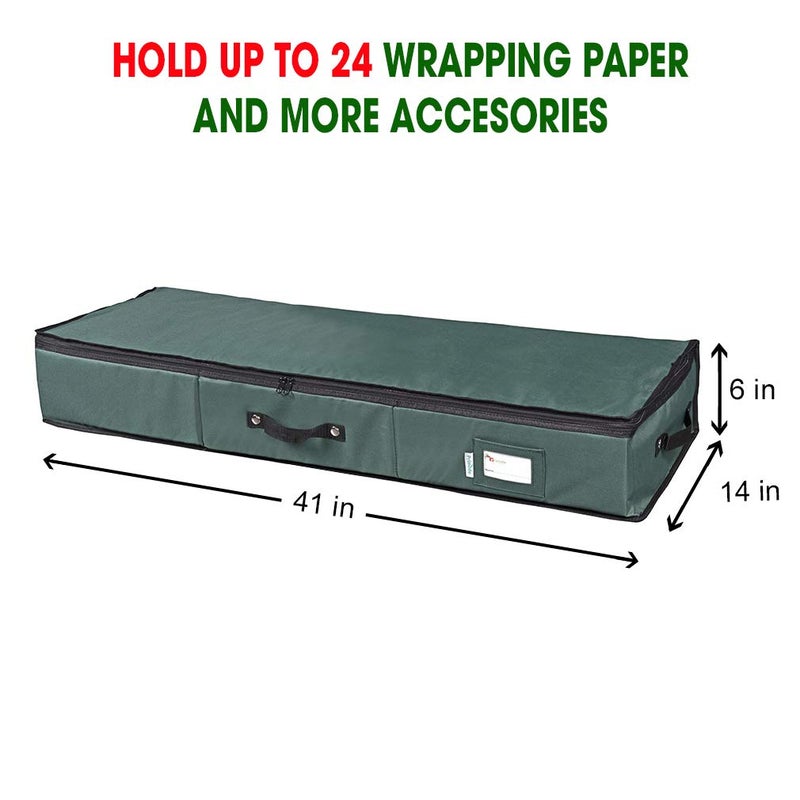 Primode Wrapping Paper Storage Container | Gift Wrap Organizer Under Bed | 41â€x14â€x6â€ | Box Holder for 18-24 Rolls Up to 40â€ | 600D Oxford Material | Pockets for Ribbon, Bows, and Accessories (Green) - Image 2